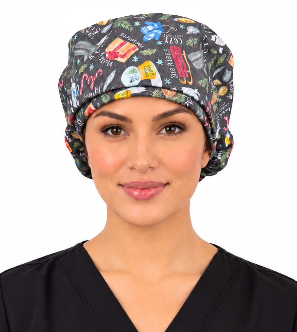 Front facing tied image of a woman in scrubs wearing a Big Hair Ponytail Scrub Cap with a Festive Favorites pattern.