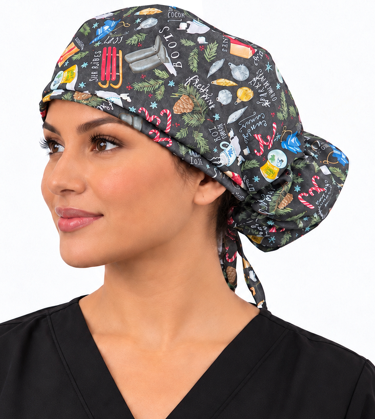 Side facing untied image of a woman in scrubs wearing a Big Hair Ponytail Scrub Cap with a Festive Favorites pattern.