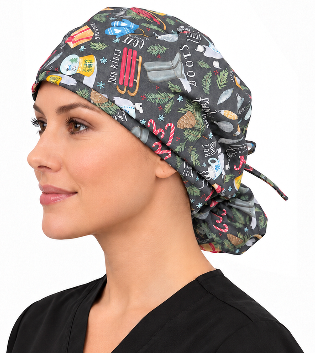 Side facing tied image of a woman in scrubs wearing a Big Hair Ponytail Scrub Cap with a Festive Favorites pattern.