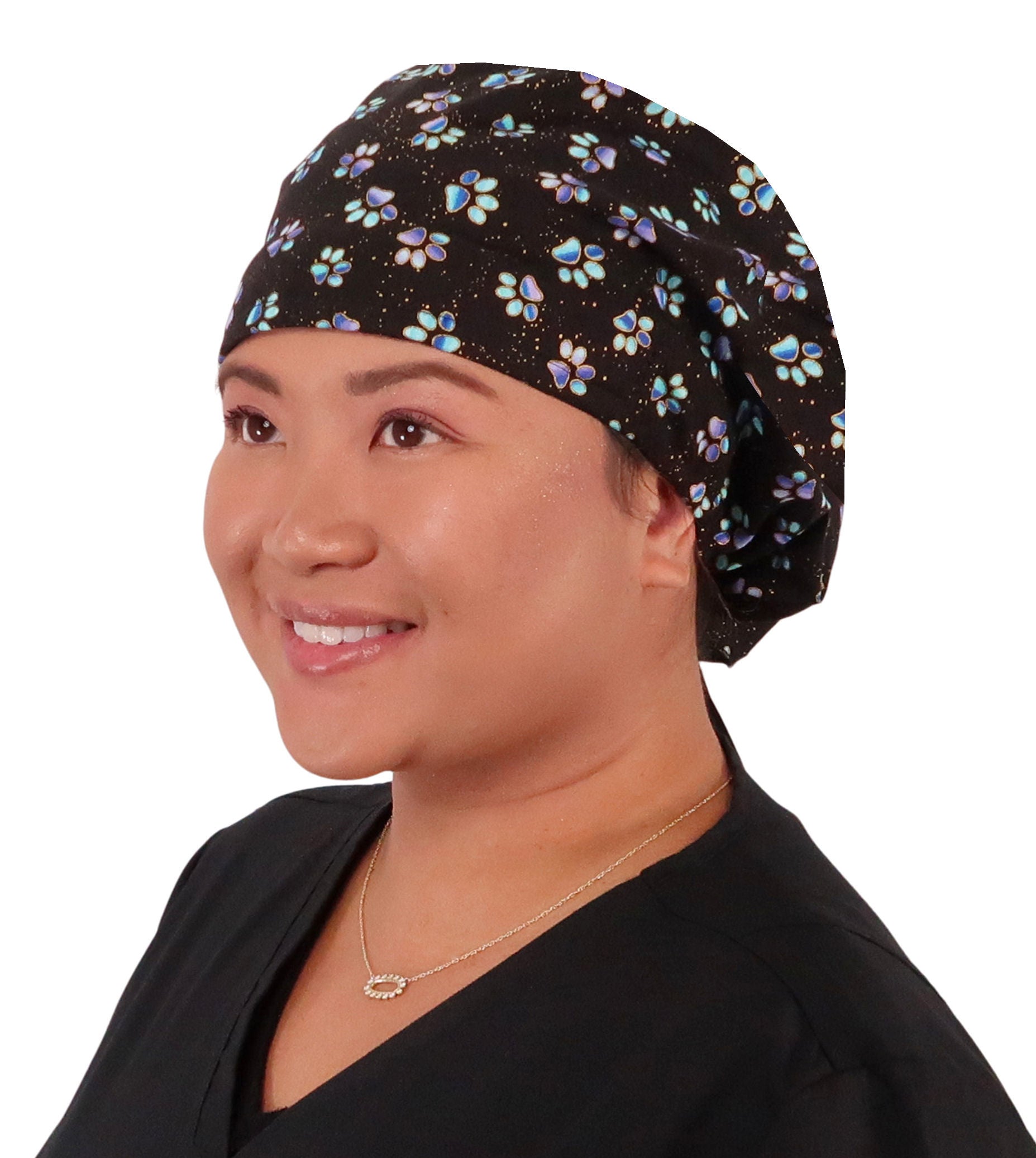 Euro Style Riley Comfort Scrub Cap - American Made - Magical Metallic Paw Print on Black - Riley Comfort Scrub Caps - Sparkling EARTH