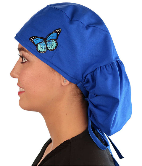 Embellished Big Hair Ponytail Scrub Cap for Long Hair - Made in USA - Royal Blue Big Hair with Blue Butterfly Patch