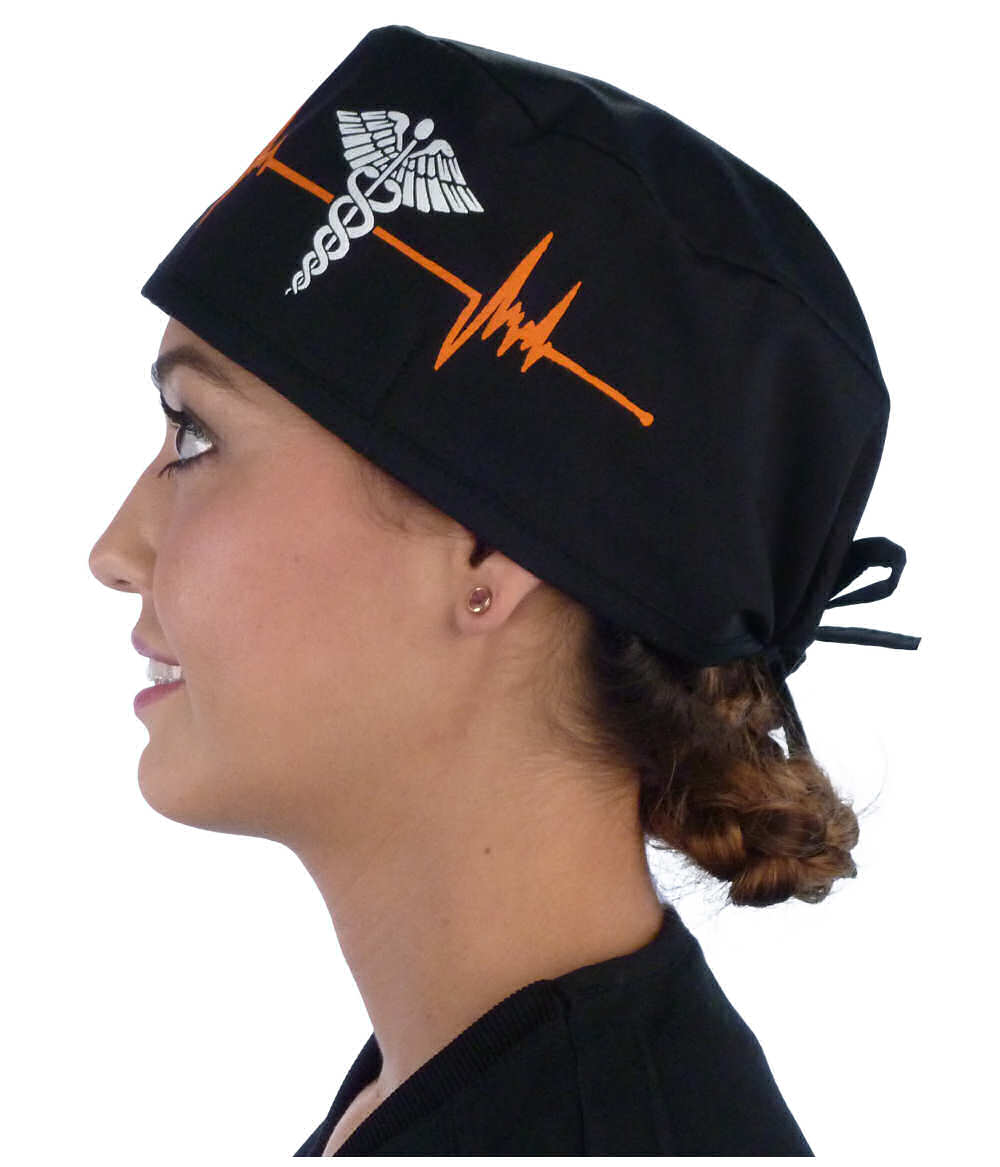 Side facing image of a woman in scrubs wearing a Classic Surgical Scrub Cap in a EKG Signal and Medical Sign pattern.
