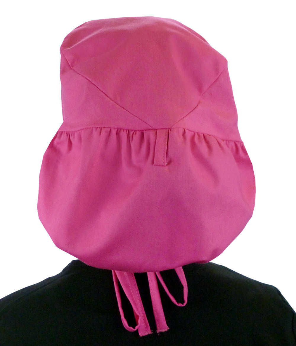 Back facing untied image of a woman in scrubs wearing a Hot Pink Big Hair Ponytail Scrub Cap and hot pink ties to hold the scrub cap in place.