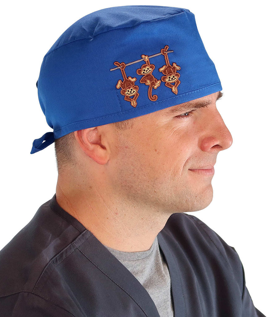 American-Made Cotton Surgical Scrub Cap with Unique Flair - Royal Blue Cap with Three Monkeys Patch - Surgical Scrub Caps - Sparkling EARTH
