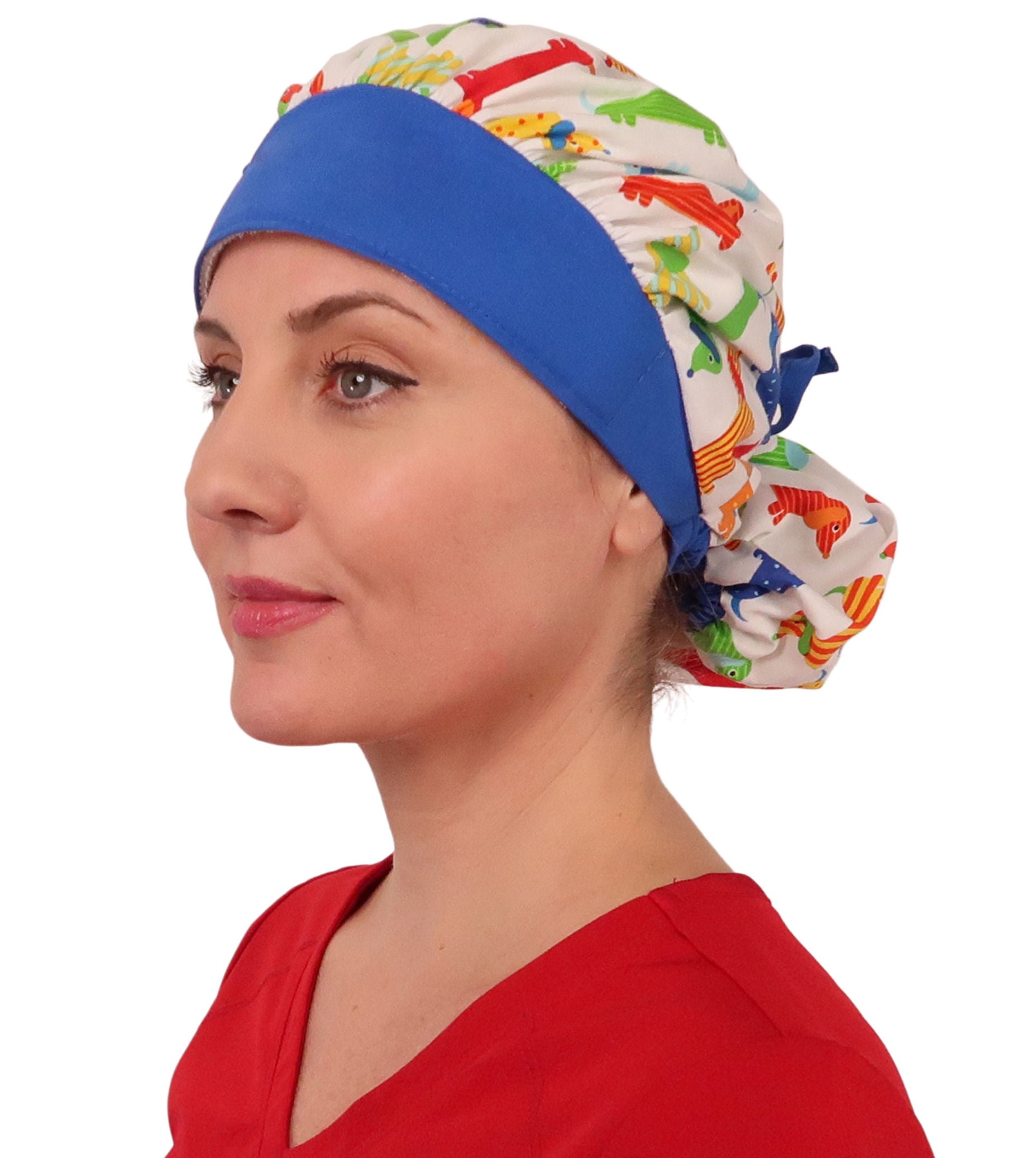Front Facing Tied View of a Woman Wearing a Banded Bouffant Ponytail Surgical Scrub Cap - Wiener Dogs Pattern with a Royal Band and Ties  