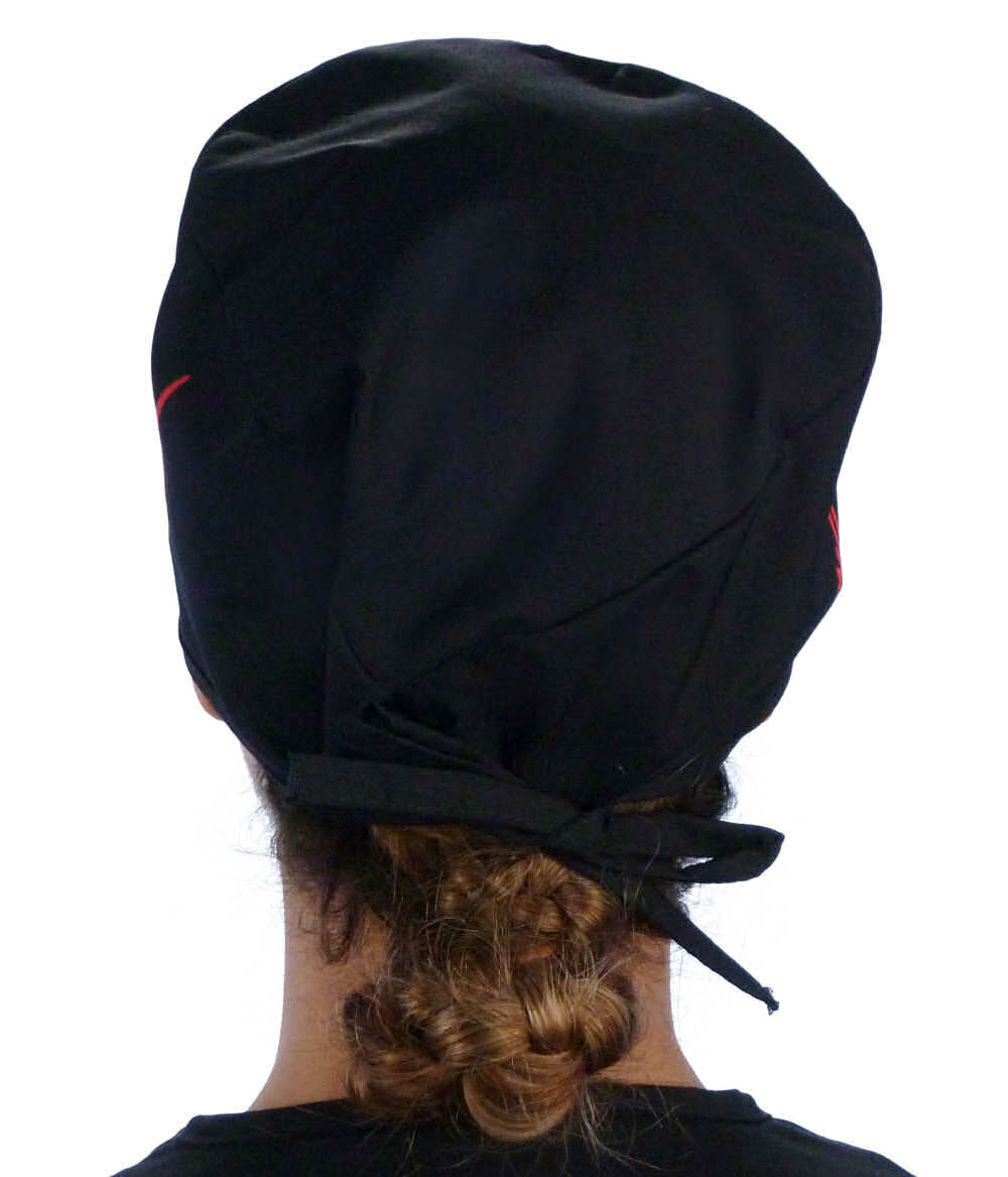 Back Facing View of a woman Wearing a Classic Cotton Surgical Scrub Cap - Red EKG (Heartbeat) on Black Pattern.