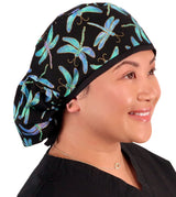 Big Hair Surgical Scrub Cap - Midnight Dragonflies with Black Ties