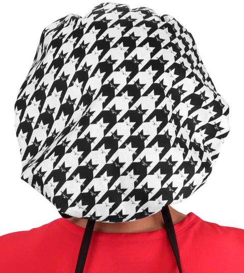 Banded Bouffant Surgical Scrub Cap - Houndstooth Kitties with Black Band