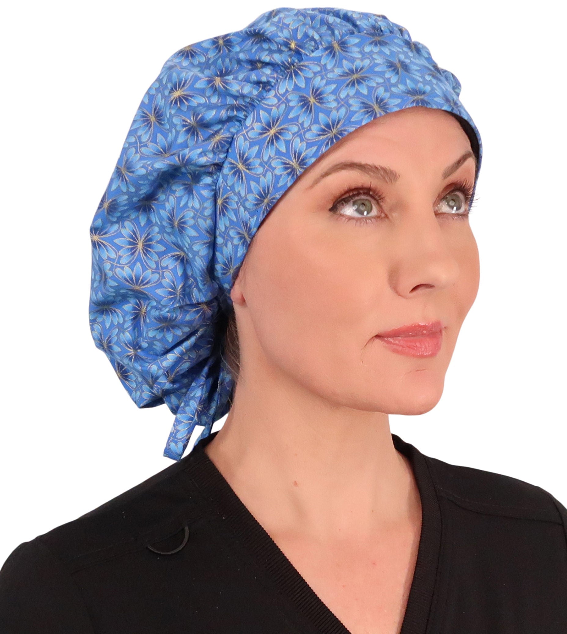 Stylish American Made Banded Bouffant Ponytail Scrub Cap - Golden Metallic Blue Blossoms Banded Bouffant Surgical Scrub