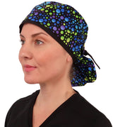 Big Hair Surgical Scrub Cap - Blue, Green & Purple Dots with Black Ties