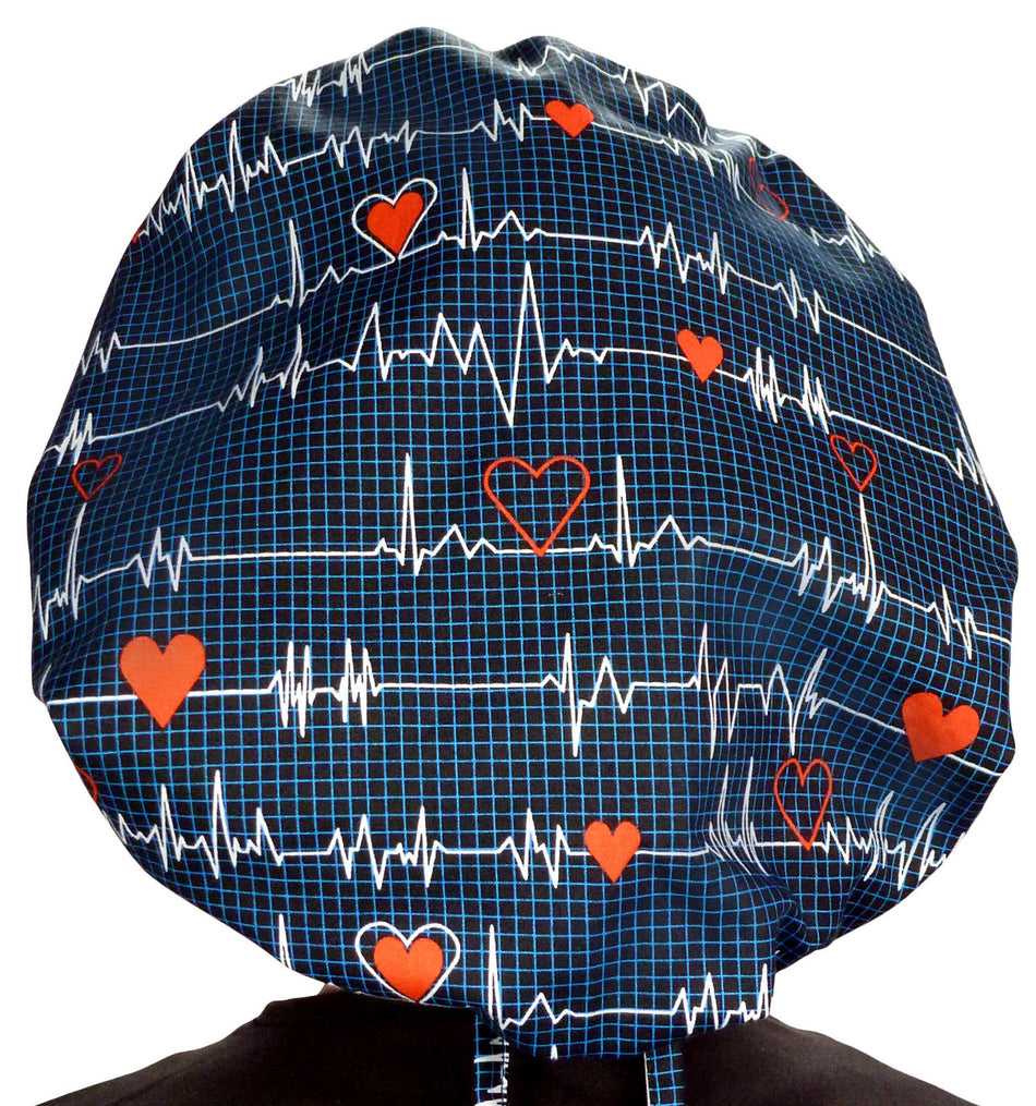 Banded Bouffant Surgical Scrub Cap - Heartbeats on Navy