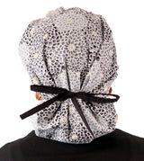 Banded Bouffant Ponytail Scrub Cap - Dazzling Dahlias Black & Grey with Black Ties