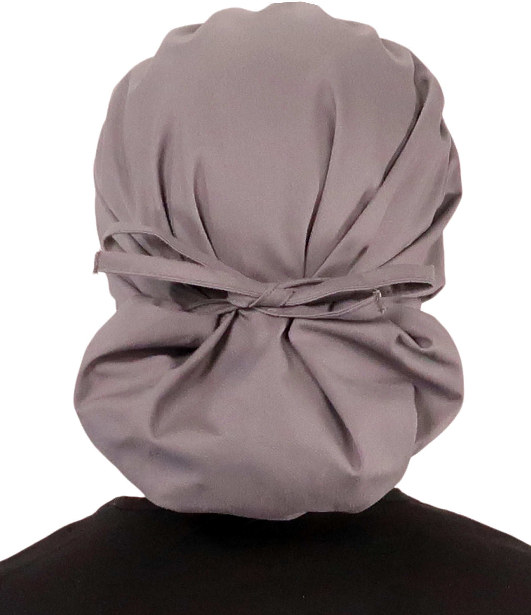 Back Facing Tied View of a Woman Wearing a Tied Back Banded Bouffant Ponytail Surgical Scrub Cap - Solid Grey Fabric
