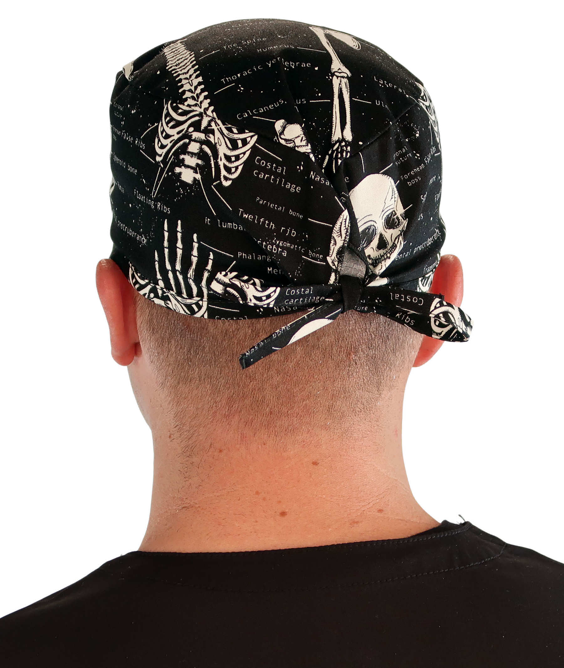 Back Facing View of a man Wearing a Classic Cotton Surgical Scrub Cap - Human Body Skeleton (Glow In The Dark) Pattern.