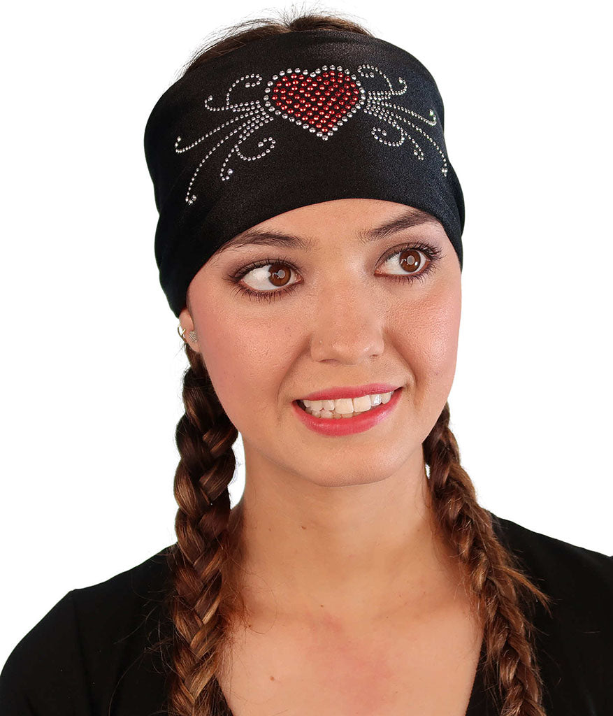 Embellished Reversible Stretch Headband – Stylish, Comfortable &amp; USA-Made -  Black Headband with Red Heart &amp; Swirls Rhinestud Design - Stretch Headbands - Sparkling EARTH
