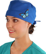 Embellished Surgical Scrub Cap - Royal Blue Cap with Blue Butterfly Patch