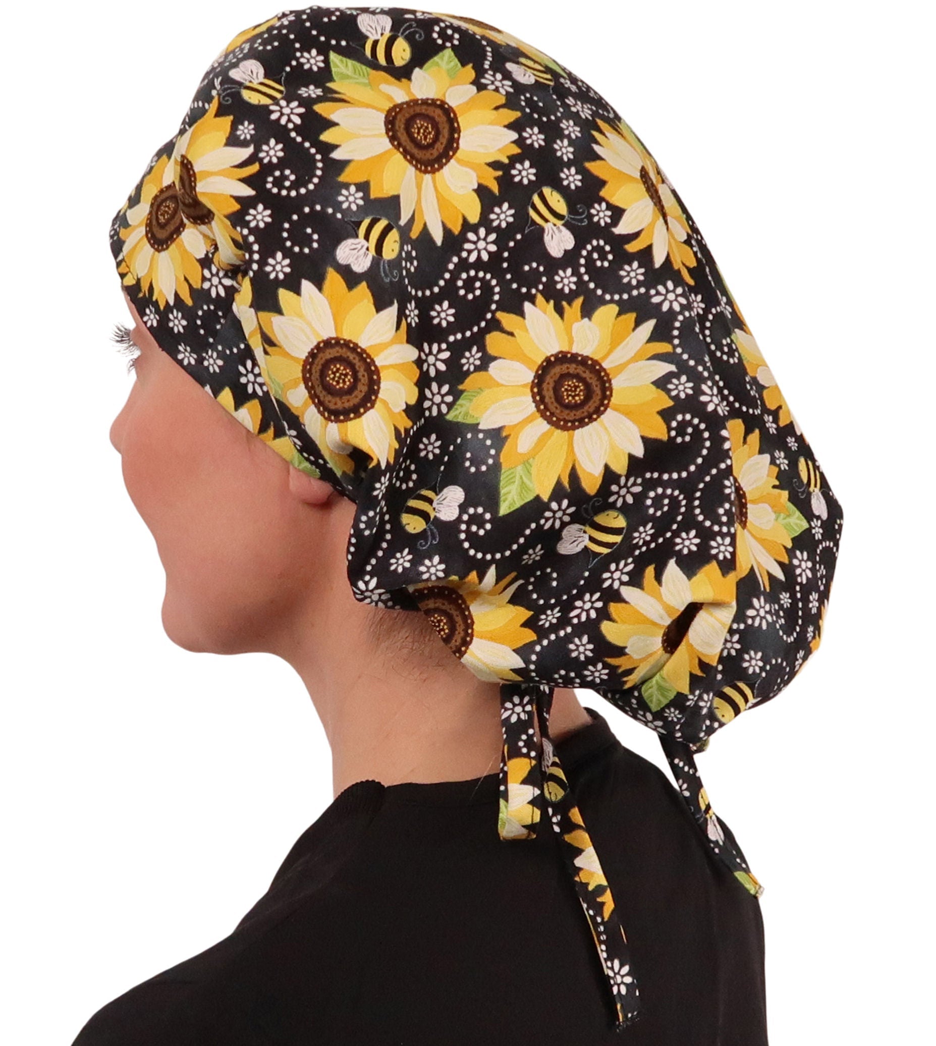 Side Facing Untied View of a Woman Wearing a Banded Bouffant Ponytail Surgical Scrub Cap - BEEutiful Sunflowers Patterned Fabric 