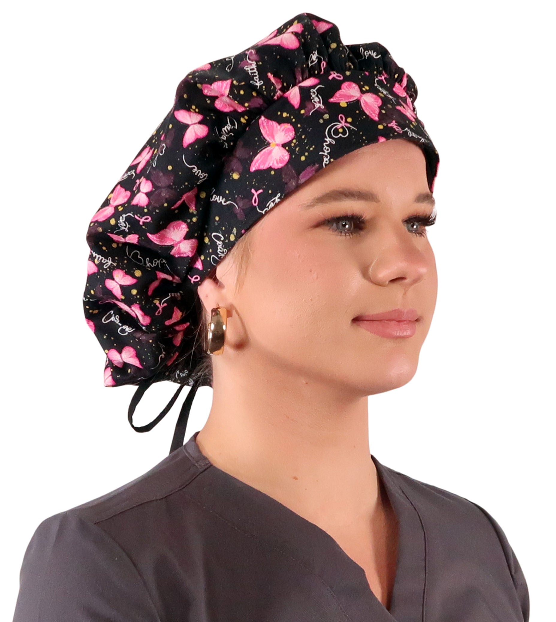 Stylish American Made Banded Bouffant Ponytail Scrub Cap - Wings of Hope (Pink Ribbons) with Black Ties Banded Bouffant
