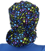 Designer Banded Bouffant Surgical Scrub Cap - Blue, Green & Purple Dots on Black