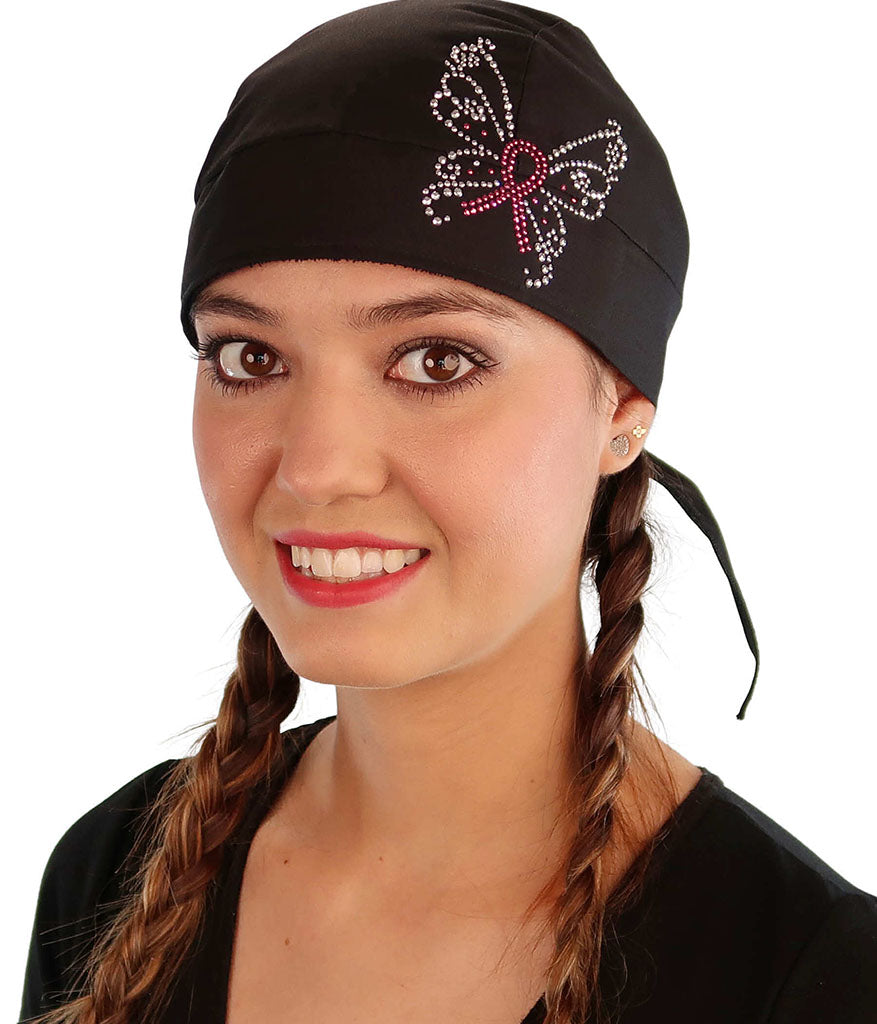 Embellished Skull Caps: Stylish and Unique Headwear - Black Skull Cap with Pink Ribbon Butterfly Rhinestud/Stone Design