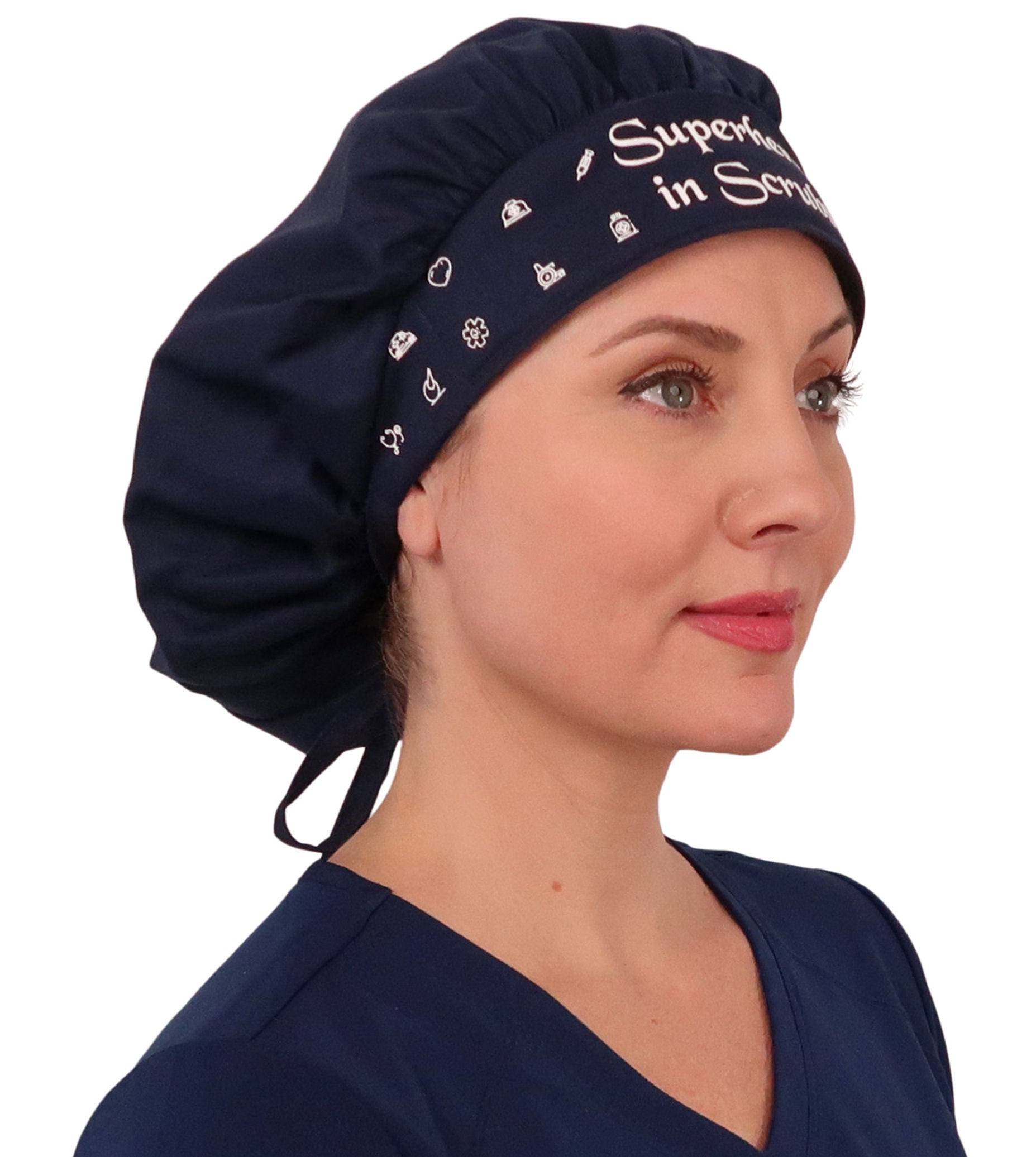 Side Facing Untied View of a Woman Wearing a Banded Bouffant Ponytail Surgical Scrub Cap - Superhero in Scrubs on Navy Fabric 