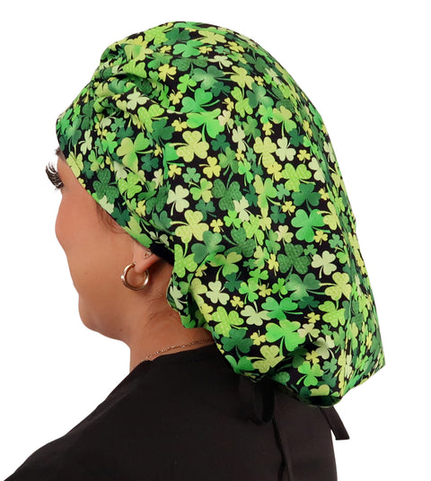 Banded Bouffant Surgical Scrub Cap - Clover Clusters with Black Ties