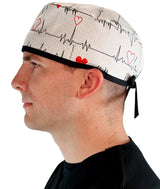 Surgical Scrub Cap - Heartbeats on White with Black Ties