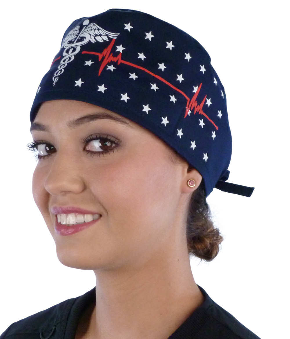 Front Facing View of a woman Wearing a Classic Cotton Surgical Scrub Cap - Patriotic Caduceus Pattern on Navy.