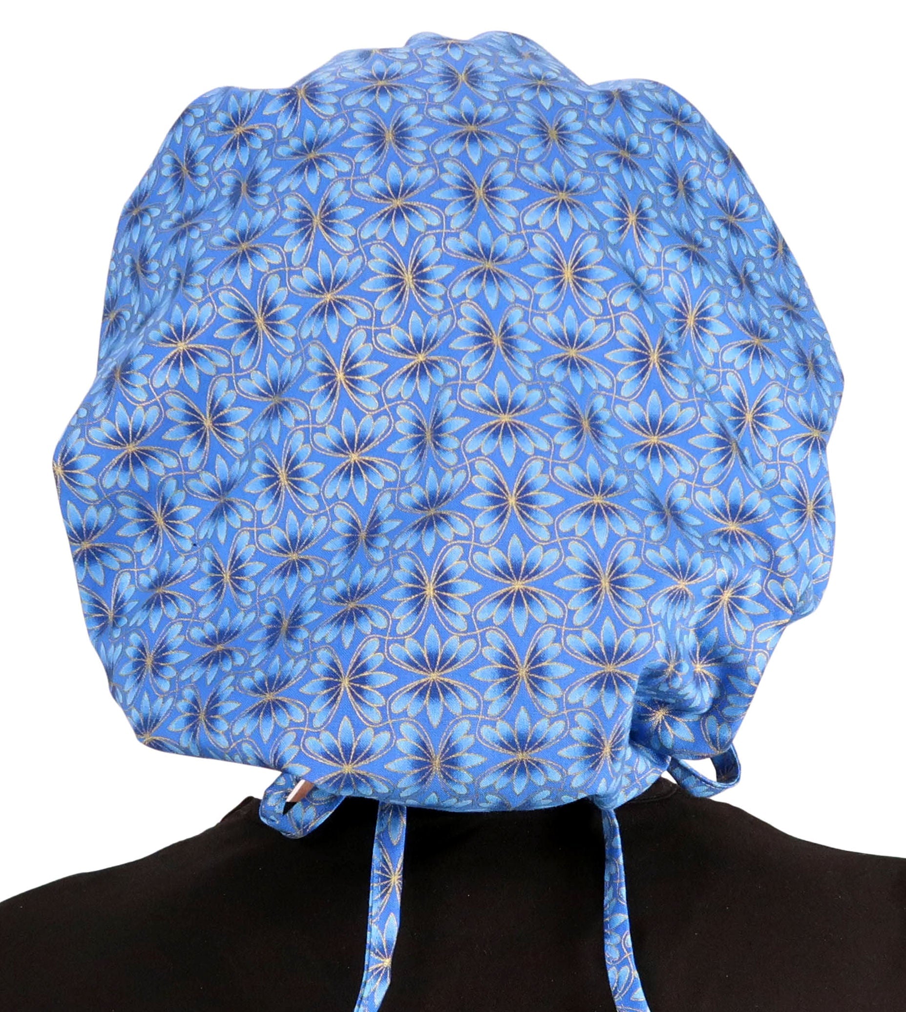 Stylish American Made Banded Bouffant Ponytail Scrub Cap - Golden Metallic Blue Blossoms Banded Bouffant Surgical Scrub