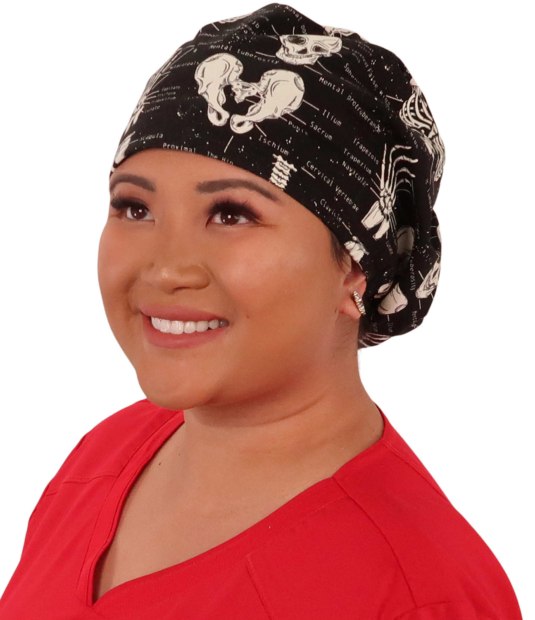 Front facing image of a woman in scrubs wearing a Human Body Skeleton (Glow In The Dark)  Euro Style Riley Comfort Scrub Cap.