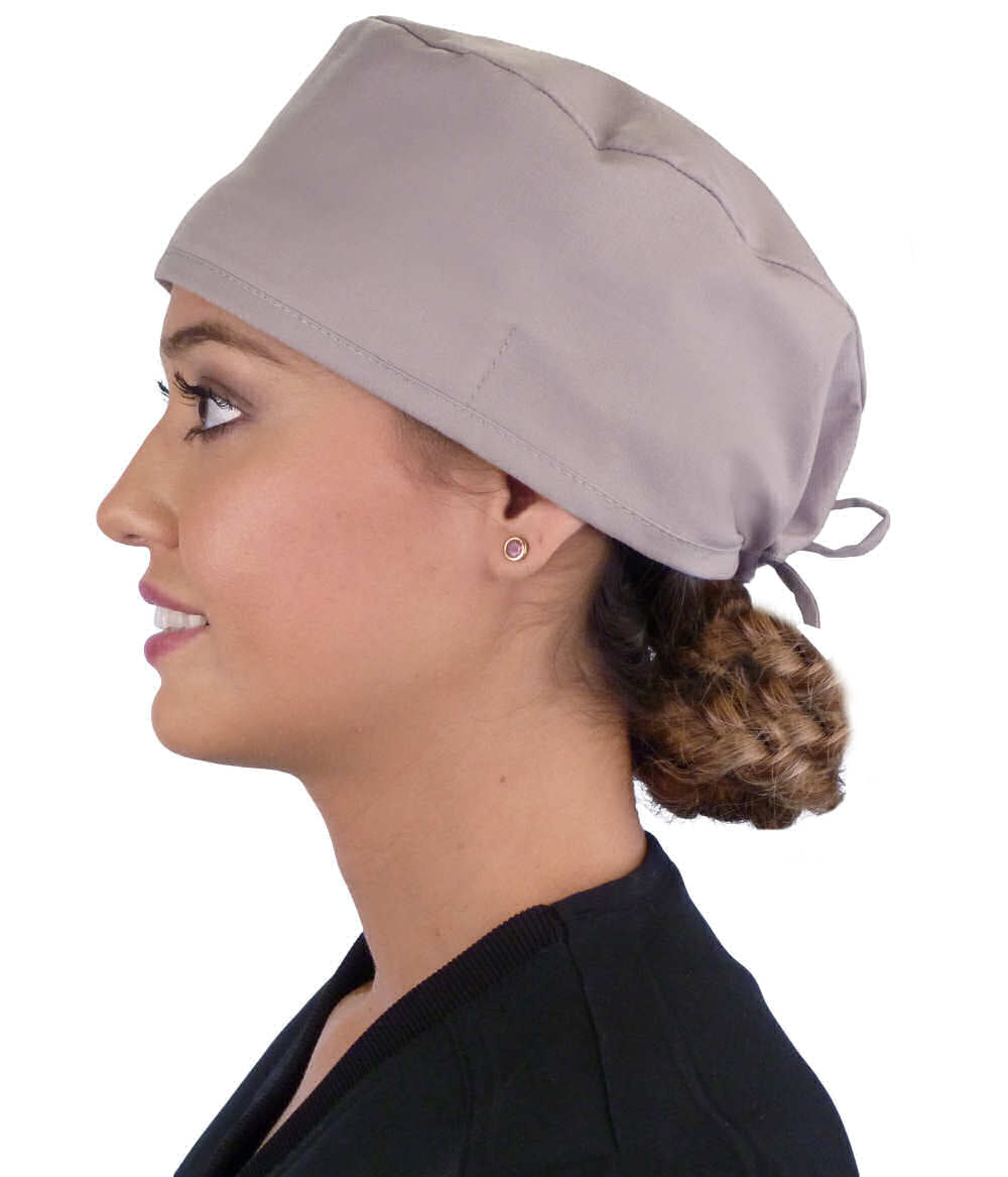 Side Facing View of a Woman Wearing a Classic Cotton Surgical Scrub Cap - Light Grey Scrub Cap