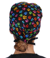 Surgical Scrub Cap - Multi Color Paws with Black Ties