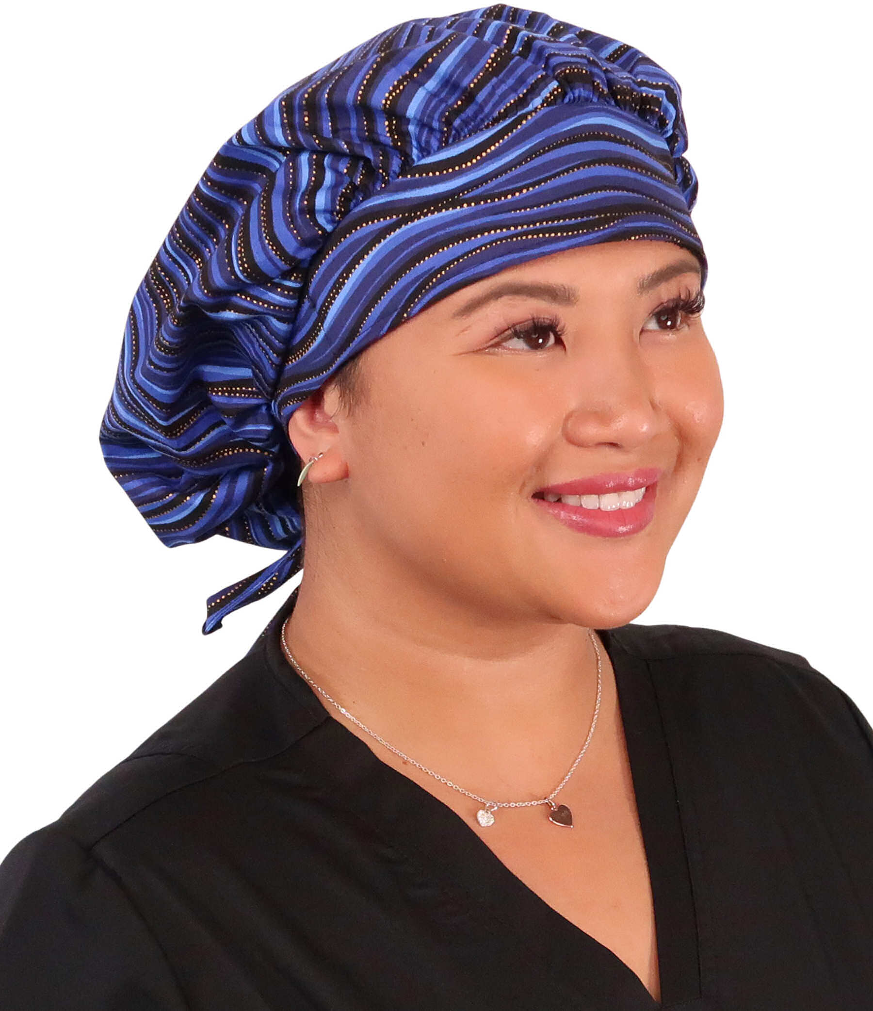 Front Facing Untied View of a Woman Wearing a Banded Bouffant Ponytail Surgical Scrub Cap - Waves of Blue Patterned Fabric 