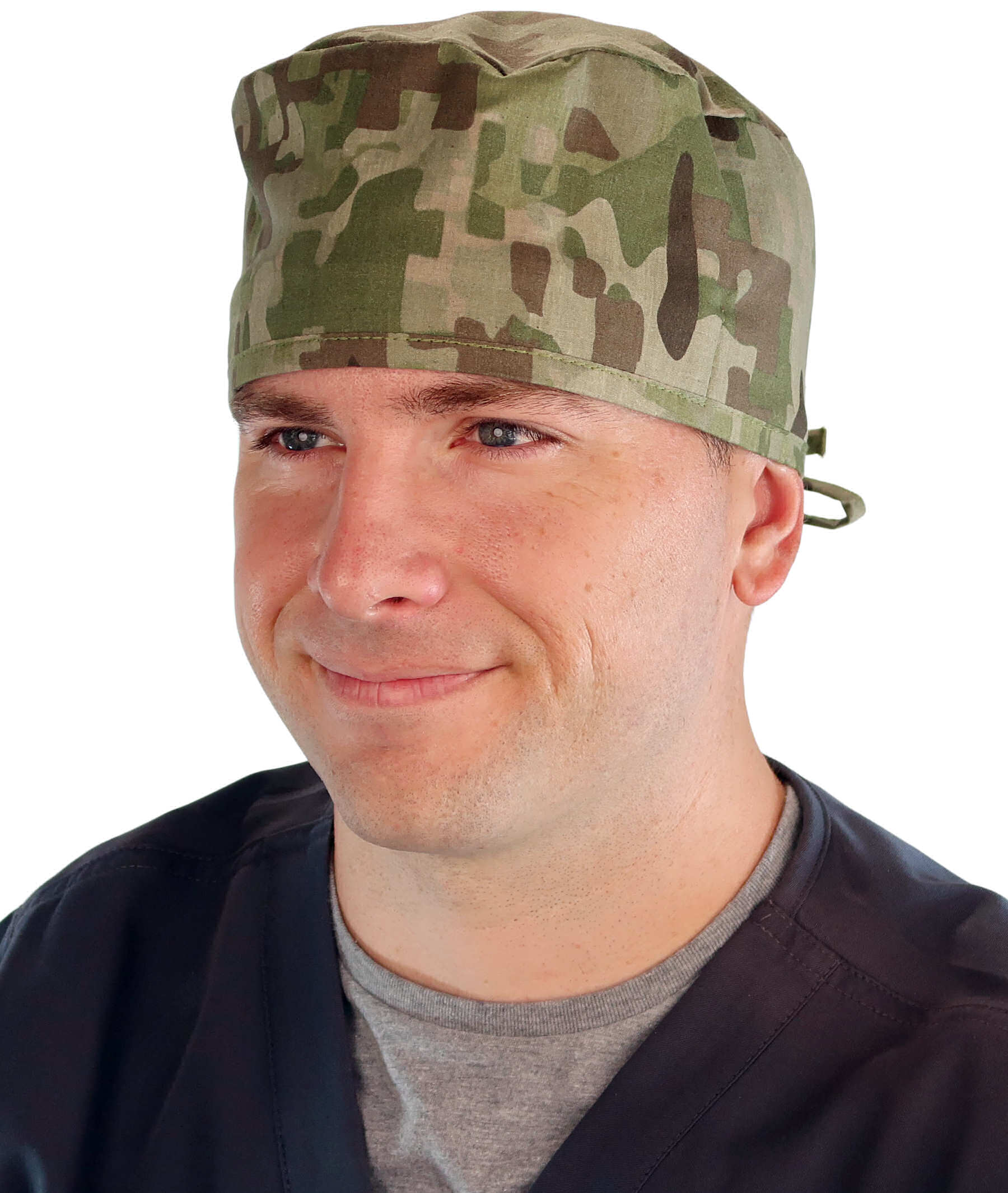 Front facing image of a man in scrubs wearing a Classic Surgical Scrub Cap in Multi Camo pattern.