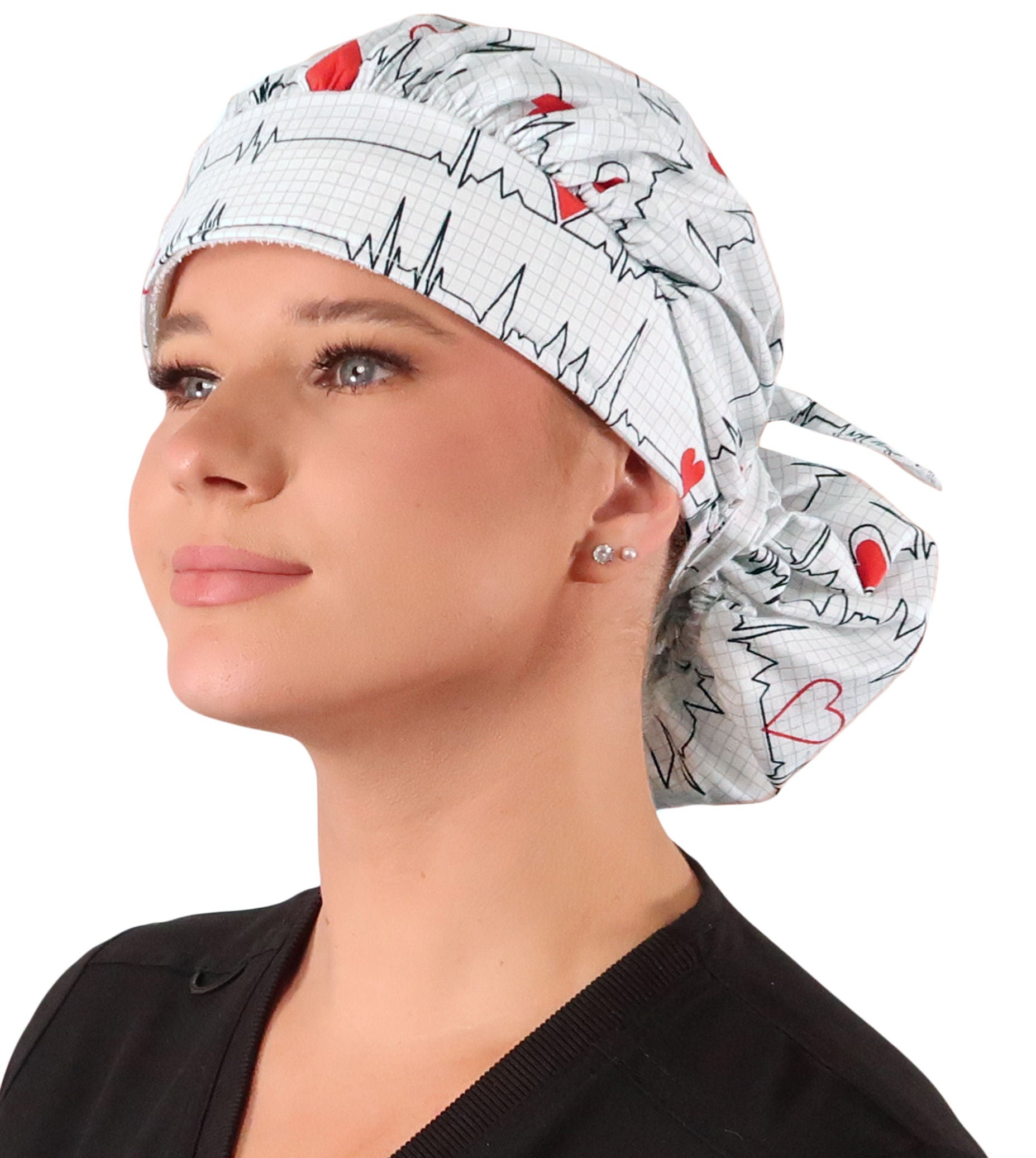 Front Facing Tied View of a Woman Wearing a Tied Back Banded Bouffant Ponytail Surgical Scrub Cap - Heartbeats on White Patterned Fabric
