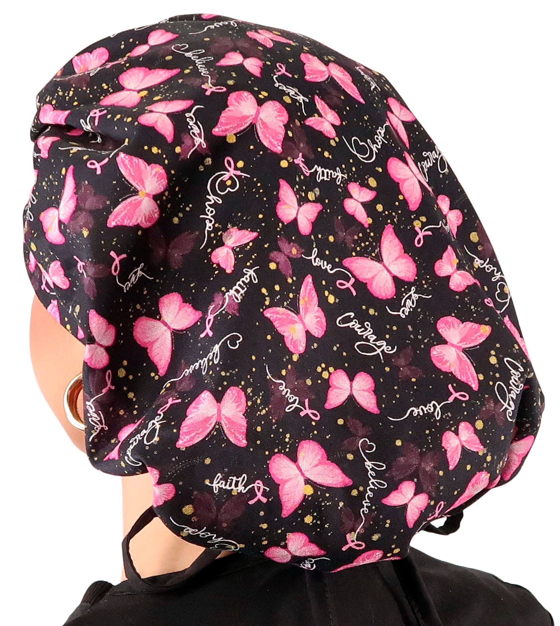 Stylish American Made Banded Bouffant Ponytail Scrub Cap - Wings of Hope (Pink Ribbons) with Black Ties Banded Bouffant