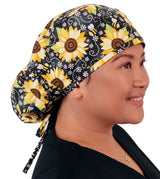 Big Hair Surgical Scrub Cap -  Sunflowers on Black - Big Hair Surgical Scrub Caps - Sparkling EARTH