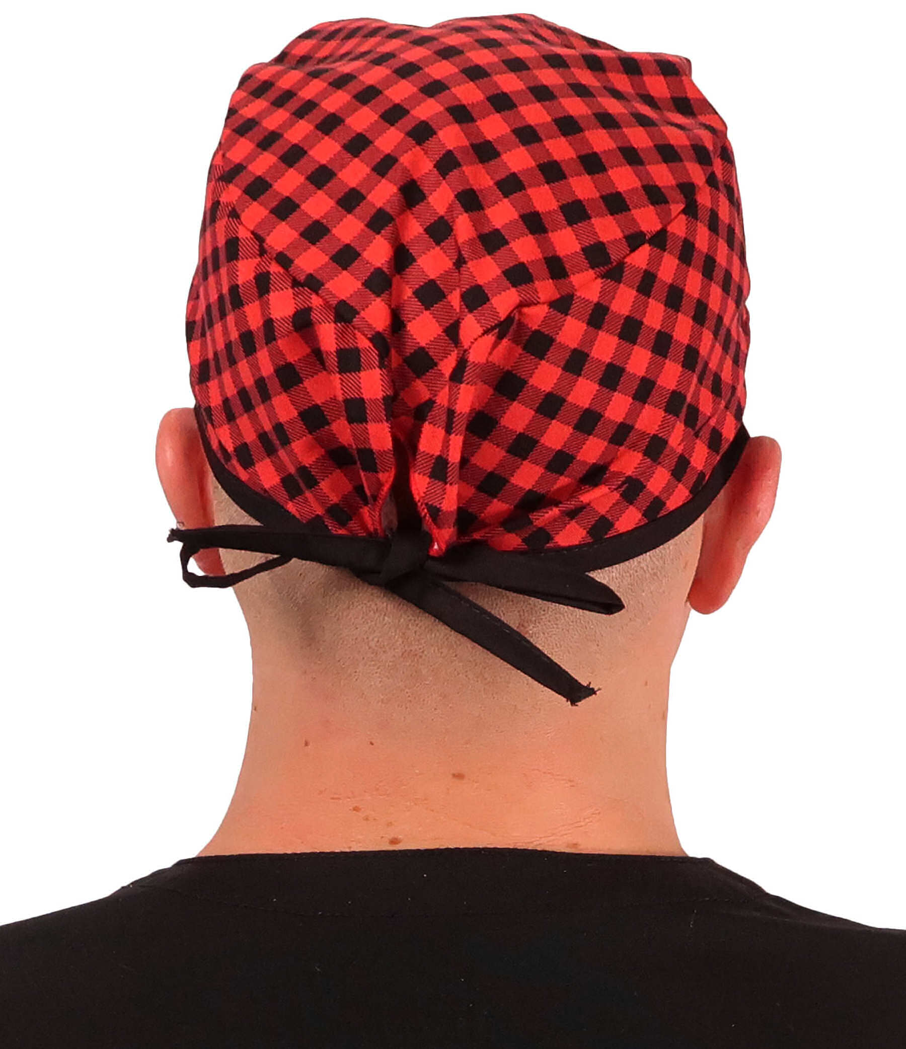 Back Facing View of a Man Wearing a Classic Cotton Surgical Scrub Cap - Buffalo Check with Black Ties Pattern.
