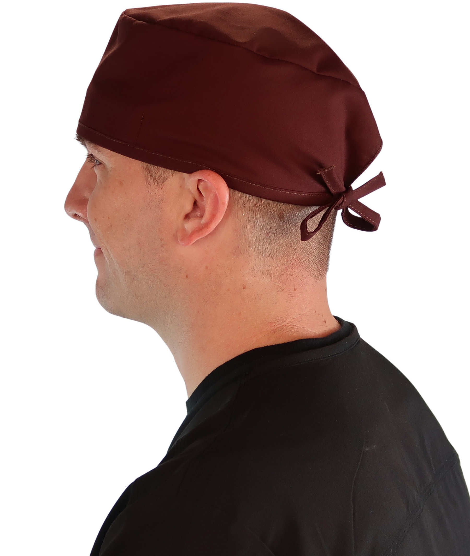 Side Facing View of a Man Wearing a Classic Cotton Surgical Scrub Cap - Chocolate Brown Scrub Cap