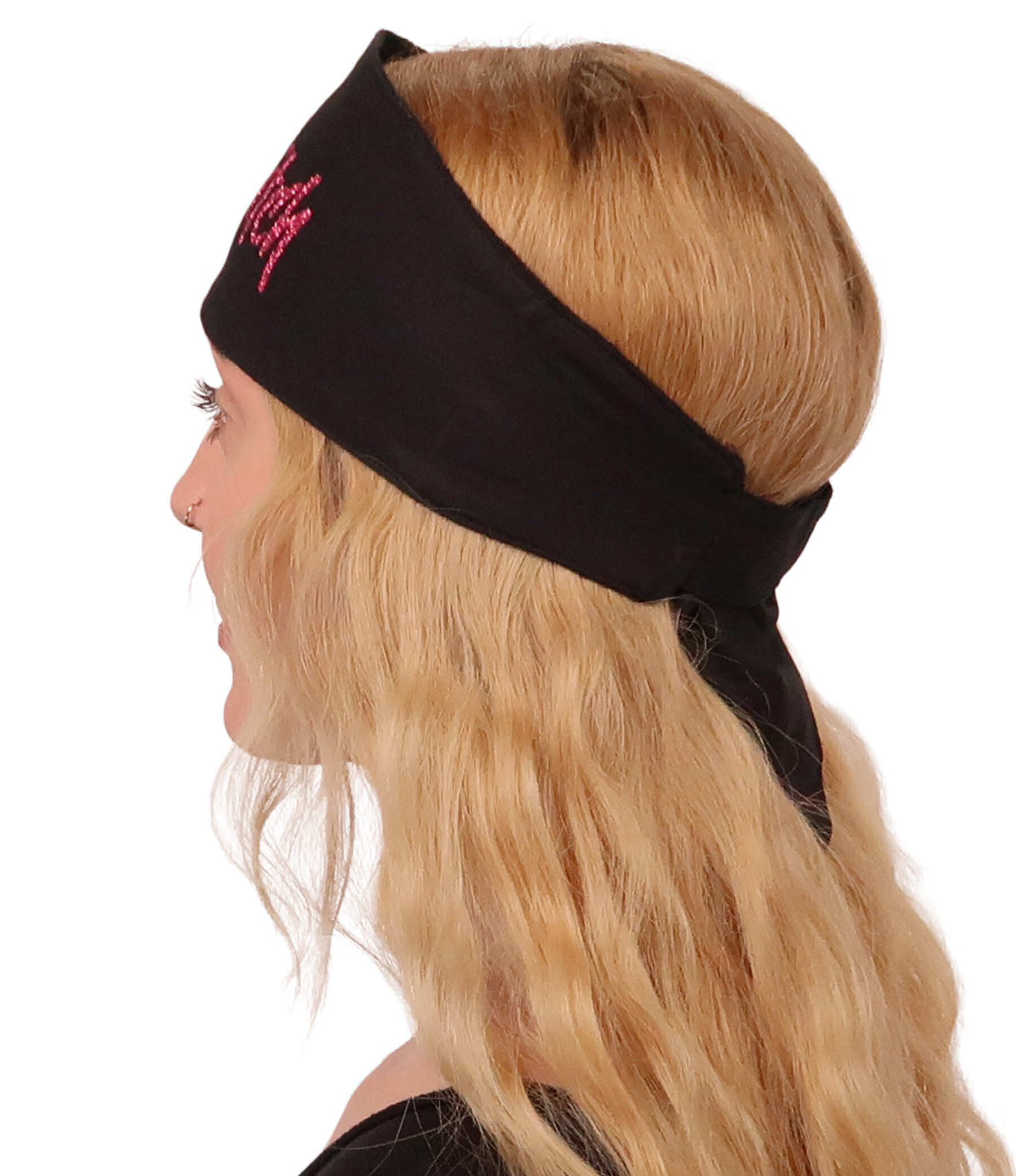 Embellished Chop Top Doo Wrap – Bold Biker Bandana with Exclusive Bling - Glitter Pink Crazy Bitch on Black Imported
