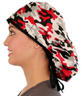 Big Hair Surgical Scrub Cap - Red, Grey, Black & White Camo with Black Ties