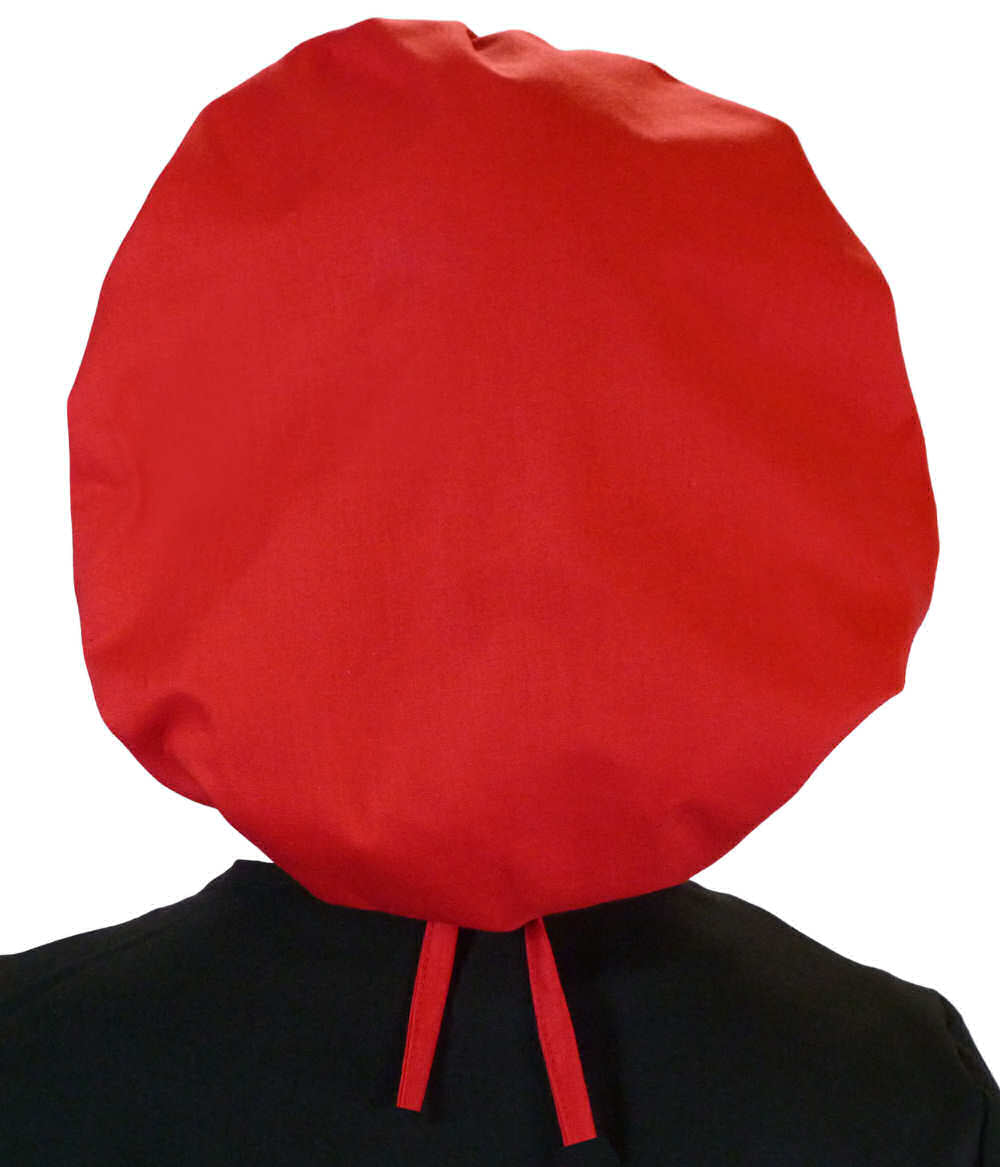 Back Facing Untied View of a Woman Wearing a Tied Back Banded Bouffant Ponytail Surgical Scrub Cap - Solid Red Fabric