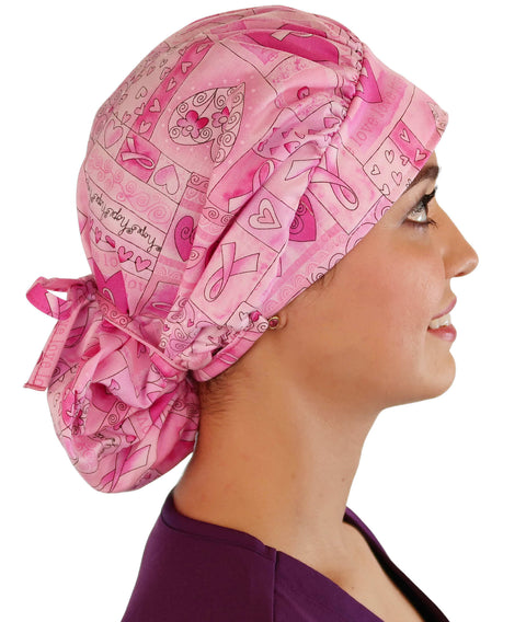 Banded Bouffant - Pink Ribbon Squares - Banded Bouffant Surgical Scrub Caps - Sparkling EARTH