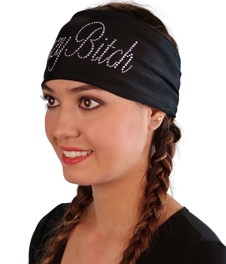 Embellished Reversible Stretch Headband – Stylish, Comfortable & USA-Made -  Black Headband with Silver Fancy Crazy Bitch Rhinestud Design - Stretch Headbands - Sparkling EARTH