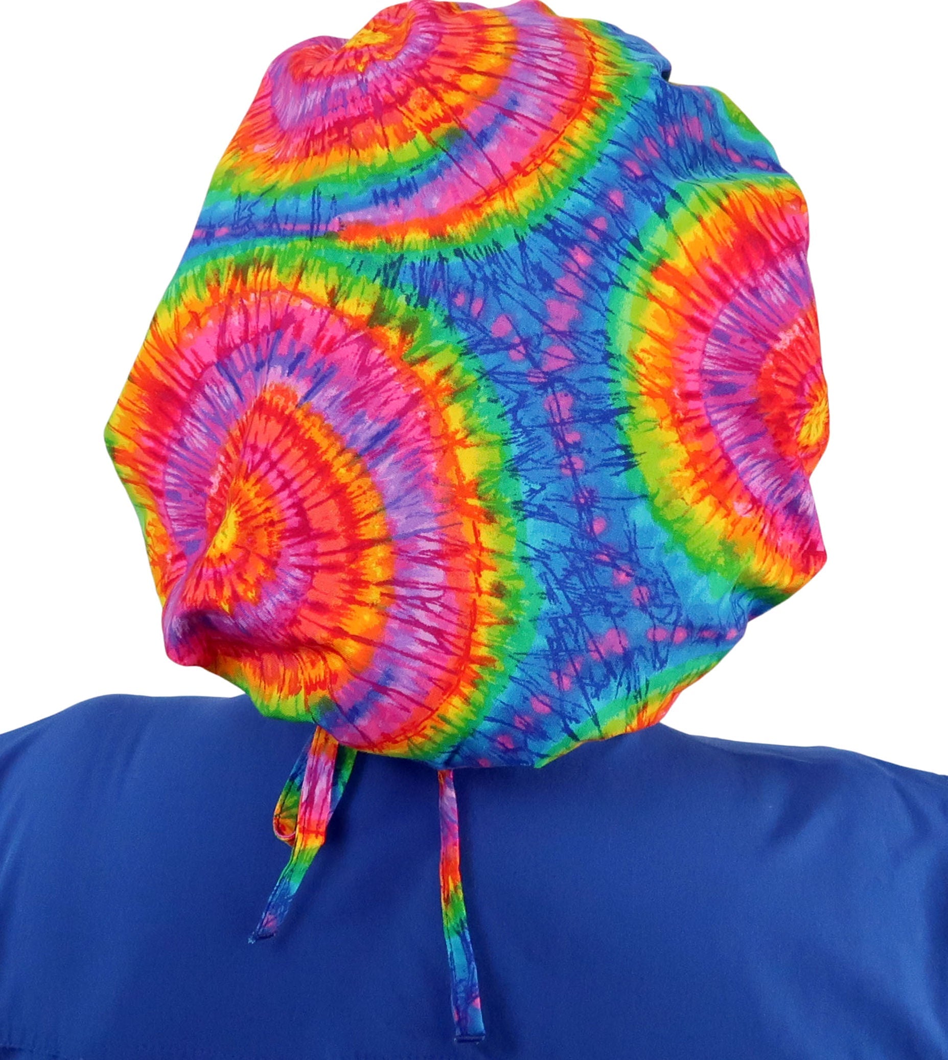 Back Facing Untied View of a Woman Wearing a Tied Back Banded Bouffant Ponytail Surgical Scrub Cap - Tie Dye Patterned Fabric