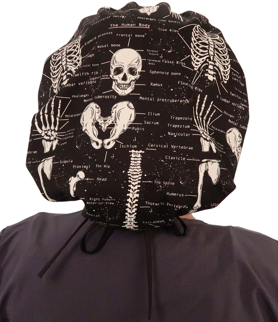 Designer Banded Bouffant Surgical Scrub Cap - Human Body Skeletons with Black Ties (Glow in the Dark)