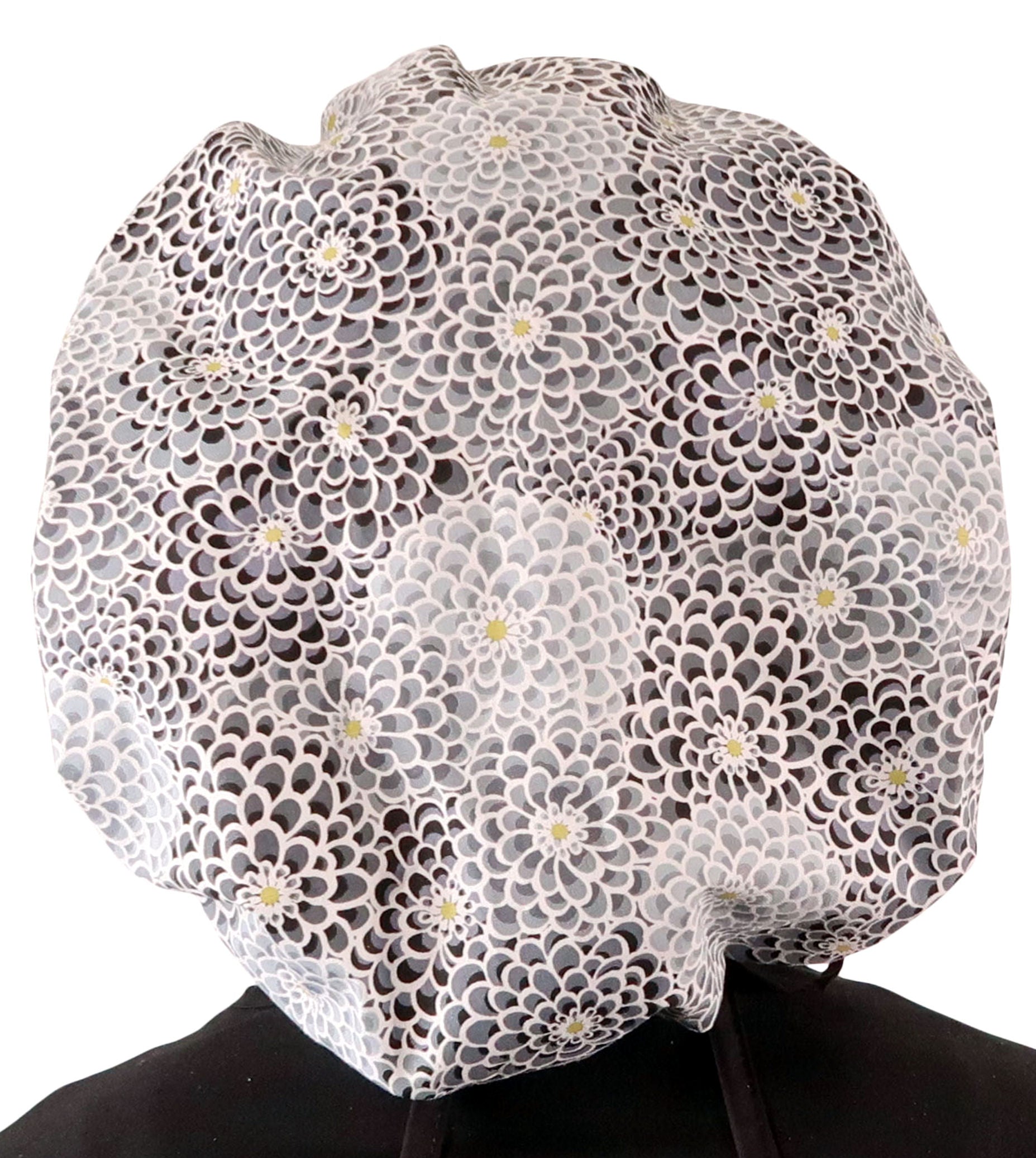 Stylish American Made Banded Bouffant Ponytail Scrub Cap - Dazzling Dahlias Black & Grey with Black Ties Banded