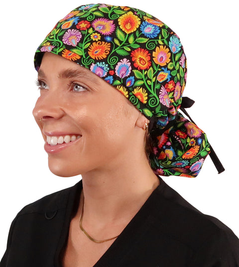 Big Hair Surgical Scrub Cap - Gorgeous Garden with Black Ties