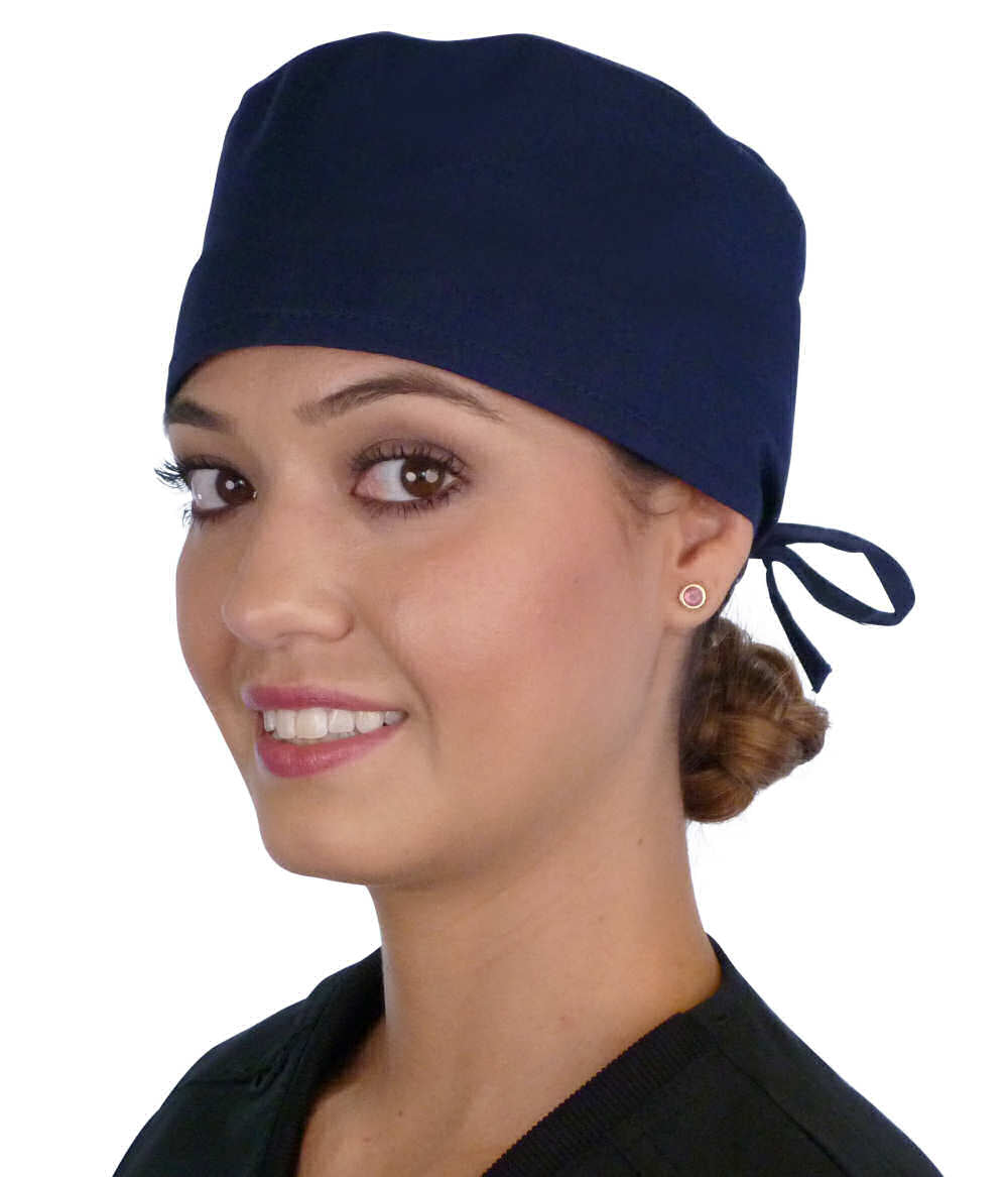 Front Facing View of a Woman Wearing a Classic Cotton Surgical Scrub Cap - Navy Scrub Cap