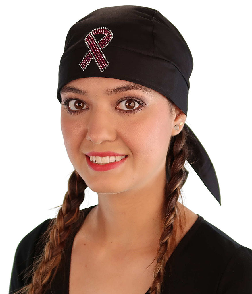Embellished Skull Caps: Stylish and Unique Headwear - Black Skull Cap with Pink Ribbon Rhinestud/Stone Design